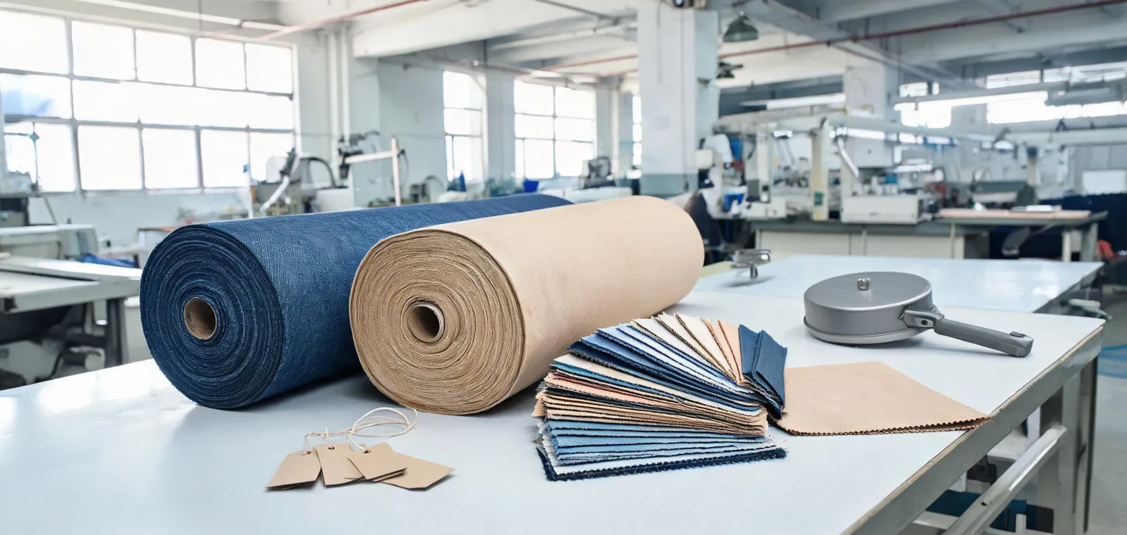 Apparel fabric rolls with approved shade cards on a mill inspection table