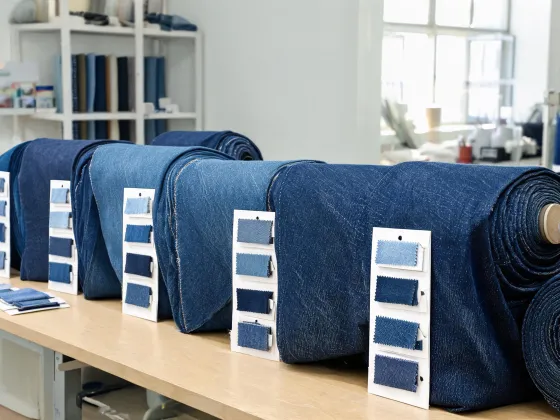 Indigo denim fabric and wash trial panels