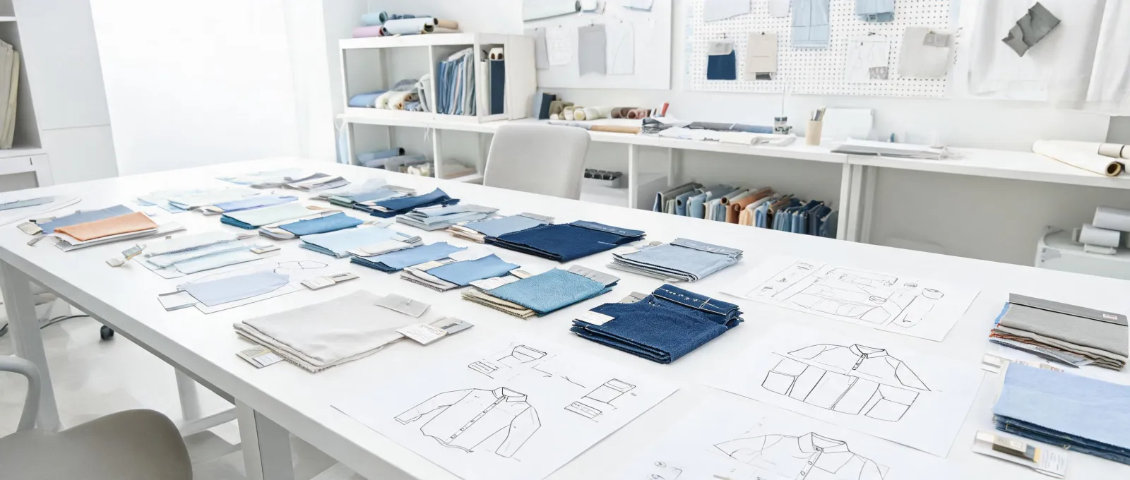 Shirting and denim fabric development boards in an apparel studio