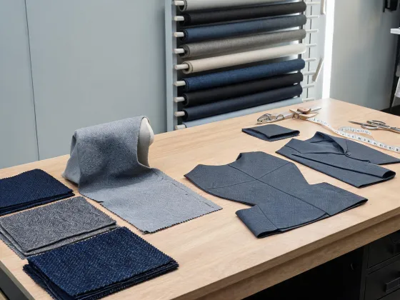 Woven suiting fabric beside tailored jacket components