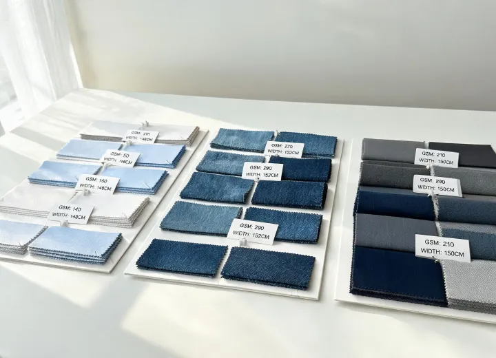 Organized apparel fabric swatches with construction and GSM labels