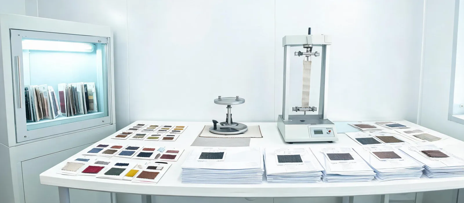 Apparel fabric inspection laboratory with shade cabinet and physical test bench
