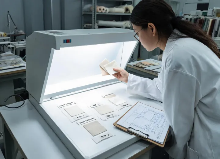 Textile technician comparing lab dips under a controlled light cabinet